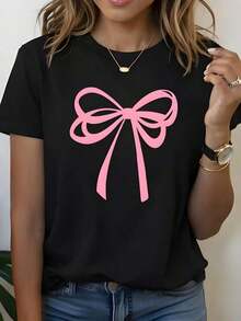 NEWCamiseta de mujer cuello redondo manga corta con estampado de lazo lineal, diseño de gran lazo en líneas curvas color rosa con alto contraste visual atractivo-Vintage Street Style Unisex Loose Cotton Short Sleeve Crew Neck T-Shirt - Negro - Ver 6