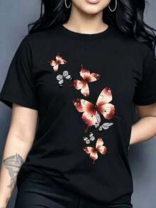 Soft | 1 Women's T-Shirt 100% Breathable Cotton | Women's T-Shirt With Blue And Pink Butterfly Print - Short Sleeve Blouse With Round Neck, Comfortable Medium Stretch Fabric, Machine Washable Casual Top, Opaque And Not See-Through For Everyday Wear, Winter Clothing For Women, Ideal For Summer - 黑色 - 查看 7