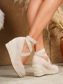 Giày đế xuồng và đế cao kiểu espadrille cho nữ, sandal quai ngang dệt màu đen mũi tròn thích hợp cho kỳ nghỉ biển, đế dây thừng co giãn, kết hợp với giày nữ. - Màu be - Xem 6