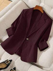 Blazer de lino de 3/4 de manga con cintura ajustable, diseño de botones, adecuado para ir al trabajo, eventos formales, fiestas elegantes, ropa de oficina - Primavera, Verano, Otoño - Morado - Ver 1