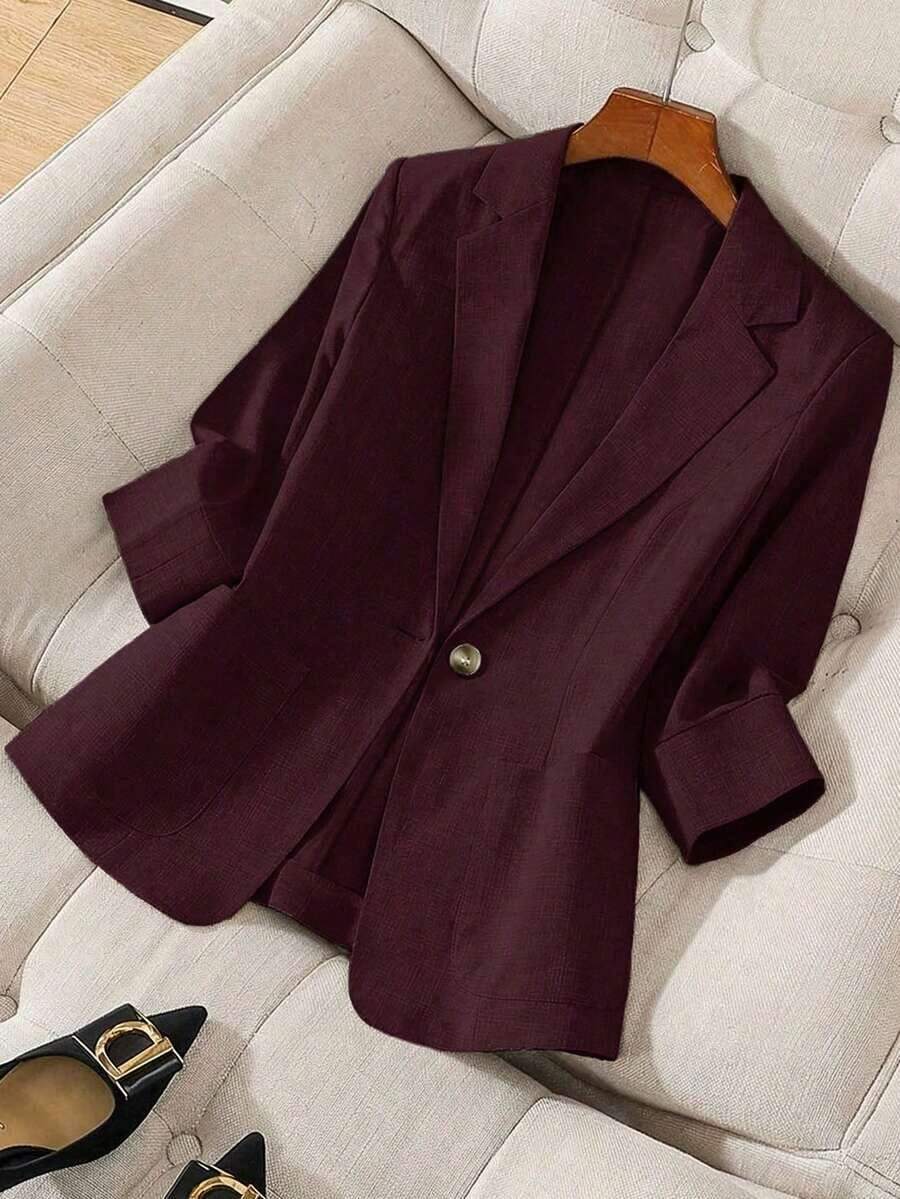 Blazer de lino de 3/4 de manga con cintura ajustable, diseño de botones, adecuado para ir al trabajo, eventos formales, fiestas elegantes, ropa de oficina - Primavera, Verano, Otoño - Morado - Ver 1