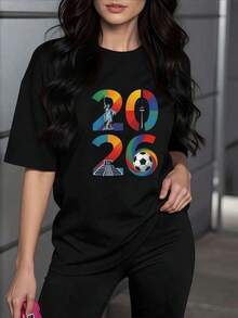 Fashion Printed T-Shirts For Women, Oversized Streetwear Tops, Comfortable And Stylish All-Match Summer Tees. Vibrant Symbols That Unite The Freedom Represented By An Iconic Statue, The Architectural Wonders Of The North, And The Spirit Of Football With Colorful Energy. A Modern And Comfortable Casual Women's T-Shirt. - 黑色 - 查看 7