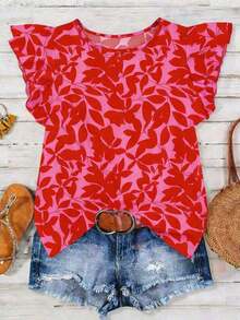 Tall Blusa casual de mujer con estampado floral de hojas sobre base naranja, cuello redondo, mangas de vuelo y mangas cortas, para primavera/verano - Rosa - Ver 6
