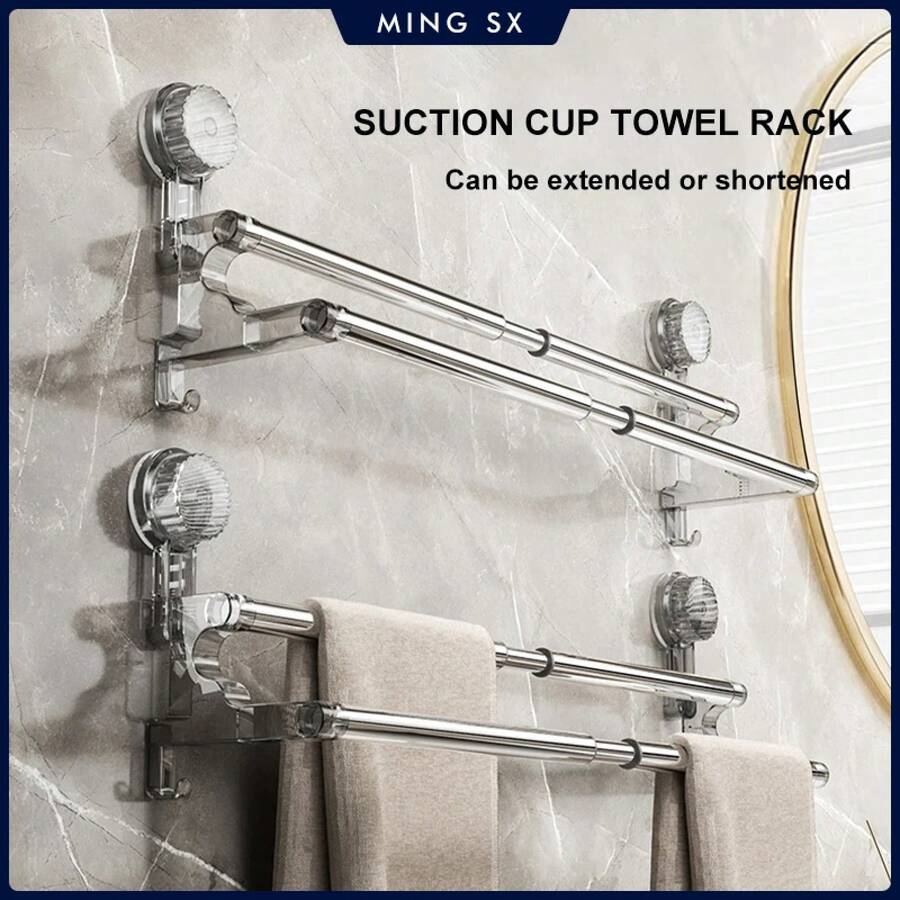 Toallero montado en la pared con ventosa de doble capa de 56-94cm, estante de almacenamiento para baño no perforado, toallero de un solo polo para baño - BLANCO - Ver 1