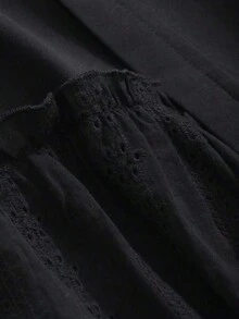 Camiseta casual de mujer para el verano con cuello redondo, manga corta, ajuste holgado y dobladillo con volantes y un solo unicolor - Negro - Ver 8