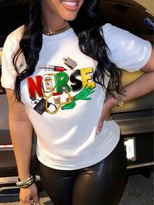 Camiseta Casual de Mujer con Estampado de Letras de Enfermera, Manga Corta y Cuello Redondo para Todas las Temporadas - Estilo Vintage Urbano Unisex, Camiseta Holgada de Algodón con Cuello Redondo y Manga Corta - Blanco - Ver 1