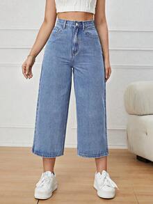 Jeans casuales de cintura alta con bolsillos y pierna ancha - Azul lavado medio - Ver 6