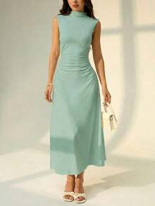 Vestido maxi de línea A con cuello mao, sin mangas, fruncido, color blanco, nuevo para el Día de San Valentín.Elegante y romántico atuendo para citas y trabajo, vestidos de verano para mujer - verde menta - Ver 1