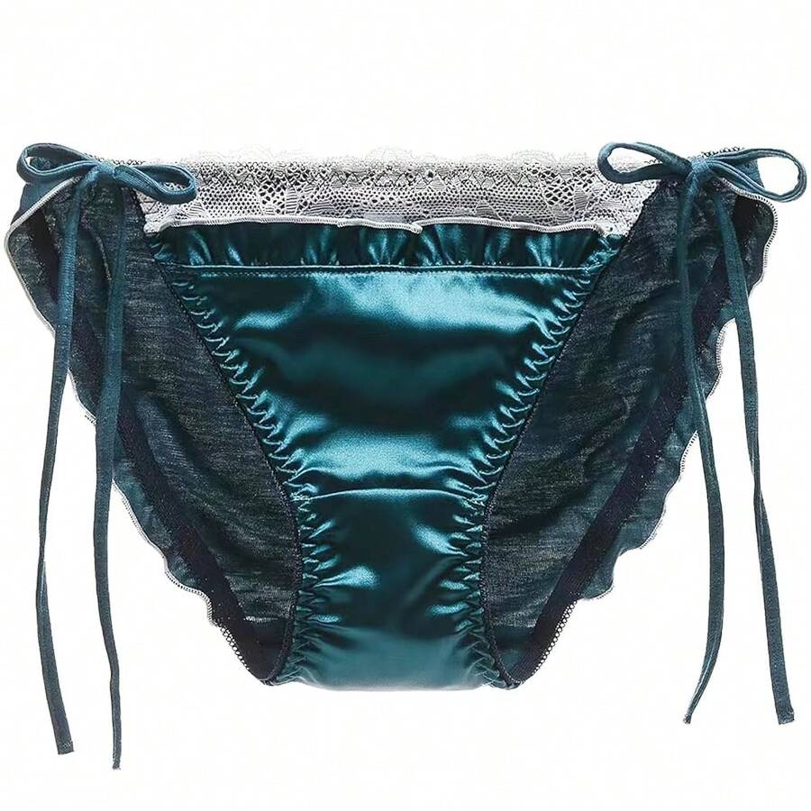 Women's Sexyys Satin Panties Lace Silk Underwear Luxury Low Waist Side Tie Panty Breathable String Bikini Briefs - 藍色 - 查看 1