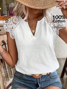 Frenchy Camiseta de algodón de bambú de unicolor de verano con parche de encaje blanco soluble en agua y escote en V. Cómoda y transpirable para uso diario, vacaciones y viajes.Estilo Cottagecore, blanco, temporada de bodas - Blanco - Ver 8