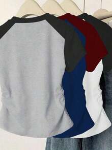 Set de 3 camisetas de mujer de manga corta, cuello redondo, unicolor, con detalle de volantes y estampado de mariposa, de estilo casual y slim para el verano - Multicolor - Ver 2