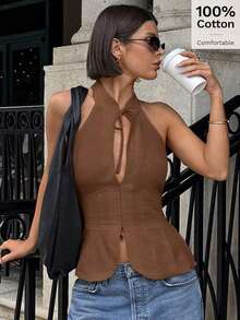 Parte superior sin mangas de mujer con lazo, cuello halter y abertura, chaleco casual - Marrón - Ver 1