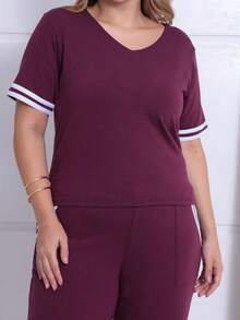 Women's Striped Set - Pants And Top In Lightweight Fleece With White Details - Comfortable Style - Burgundy - View 3