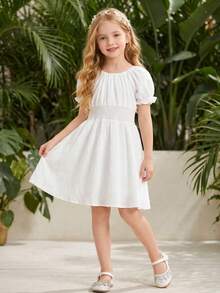 Vestido de verano simple para niñas con textura blanca, manga abullonada, cintura fruncida. Vestido ligero y texturizado adecuado para uso diario, fiestas, fotografía, bodas - Blanco - Ver 8