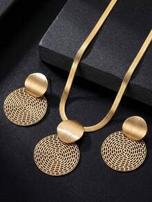 Bộ trang sức vàng dành cho nữ, gồm dây chuyền mặt dây hình đĩa đôi hình học và bông tai dáng dài, dây xích xương cá bản rộng, kiểu dáng độc đáo, quà tặng cho phái nữ. - Nhiều màu - Xem 4