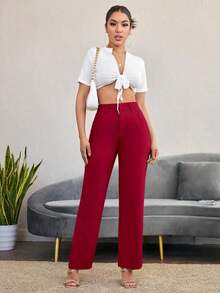 Pantalones rectos casuales lisos para mujer, para uso diario en otoño/invierno - Rojo - Ver 5