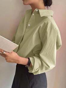 Camisa holgada de mujer de unicolor, de manga larga y de abotonadura sencilla - Verde - Ver 3