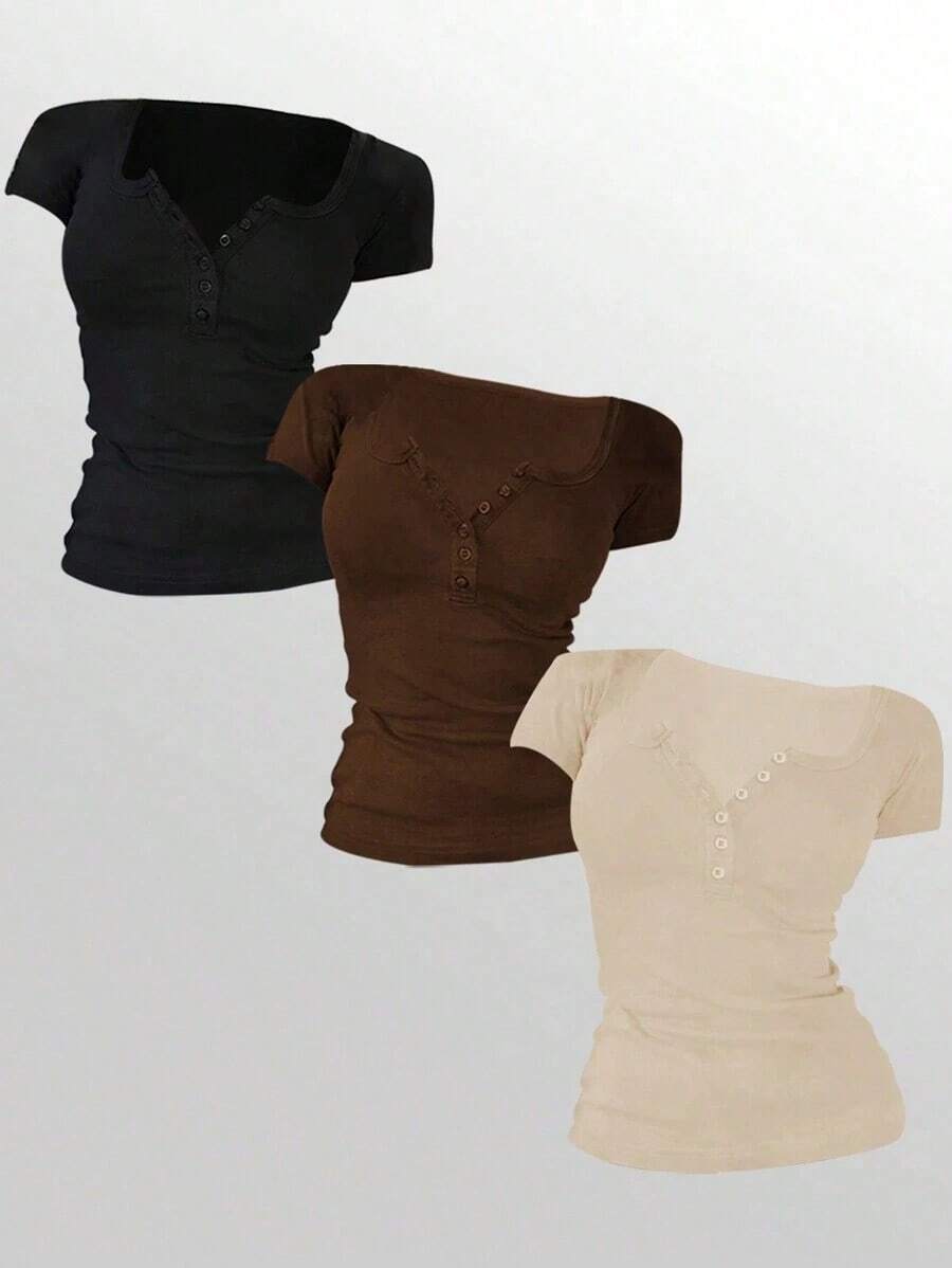 3 piezas Mujer Verano Casual Commuting Minimalista unicolor Medio Botón Cardigan Fruncido Camiseta Ajustada - Multicolor - Ver 1
