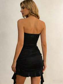 Elegante vestido ajustado de color vino tinto con cuello halter, con diseño asimétrico y fluido, perfecto para fiestas, vacaciones en la playa, festivales de música, salidas y citas, vestido ajustado de verano para mujer, vestido de fiesta para mujer - Negro - Ver 3