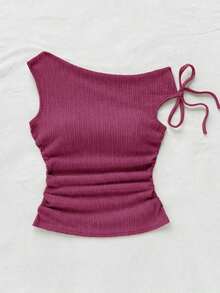 Blusa de punto con textura de burbujas de color albaricoque, cuello asimétrico con lazo en la cintura, ajuste ceñido, adecuada para fiesta, cita, paseo por la ciudad, viaje por carretera, playa de verano - Rosa Fucsia - Ver 5