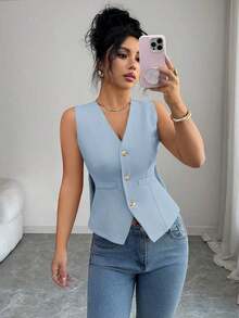 Camiseta de tirantes de mujer de algodón a rayas con lazo y escote en V sin espalda.Ajustada y que realza la figura, muestra por completo el encanto femenino.Adecuada para otoño e invierno, es una opción ideal para citas, vacaciones, ir al - Celeste - Ver 7