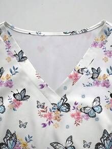 Conjunto de 2 piezas con top de manga corta con cuello en V blanco con bolsillo y diseño de oreja colgante, estampado de mariposa y flores, y pantalón recto para mujer, uniforme de enfermera de primavera/verano, conjunto casual, uniforme - Multicolor 5 - Ver 6