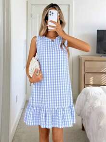 Vestido de verano estilo bohemio con cuello redondo sin mangas y corte evasé a dos colores a cuadros, vestido esencial para vacaciones y uso diario al aire libre - Azul y blanco - Ver 6