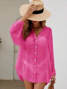 Holidaya Kimono unicolor con botón delantero - Rosa Fucsia - Ver 1