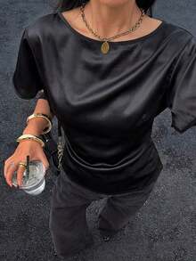 Camisa casual de mujer con ribete de contraste en la cintura y manga corta, para verano - Negro 2 - Ver 4