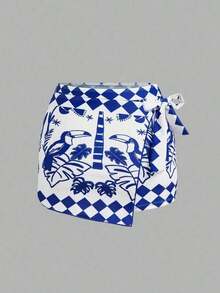 Swim Oasis 1 pieza Traje de baño de una pieza con estampado de palmeras tropicales azul y blanco para mujer, elegante y casual para cubrir en la playa y vacaciones - Azul y blanco - Ver 6