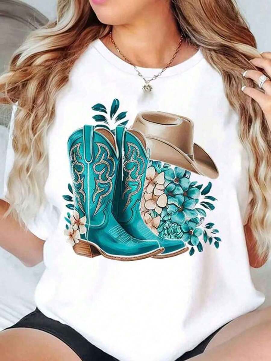 Camiseta de mujer con estampado floral de botas ombrero vaquero, de uso diario casual, cuello redondo, manga corta, suave y cómoda de 220g