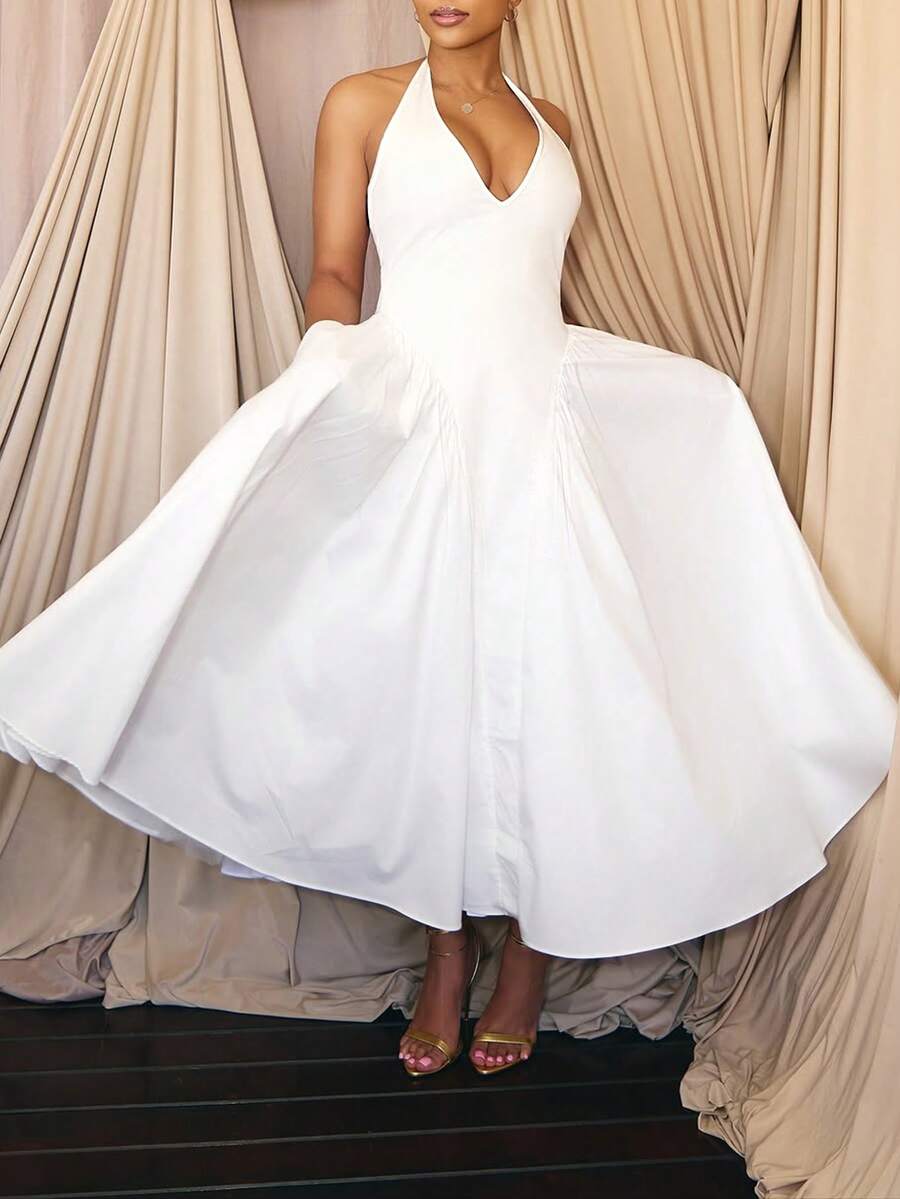 Sexy & Elegant V-Neck Ruffle A-Line Vacation Dress - White - View 1