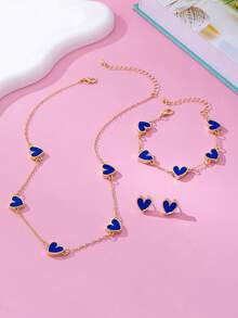Conjunto de joias elegante e personalizado com 4 peças, incluindo colar, pulseira e brincos com pingente de coração azul banhado a ouro. Ideal para uso diário feminino e um presente perfeito para o Dia dos Namorados, namorada ou mãe. - Azul - Ver 4