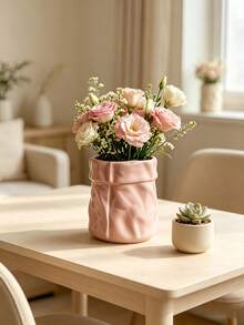 1pc Crumpled Paper Bag Shaped Vase , Cream Aesthetic Flower Pot For Home Desktop Decor, Ins Style Textured Planter For Living Room/Bedroom, Pink & Cream White - Multicolor - View 5