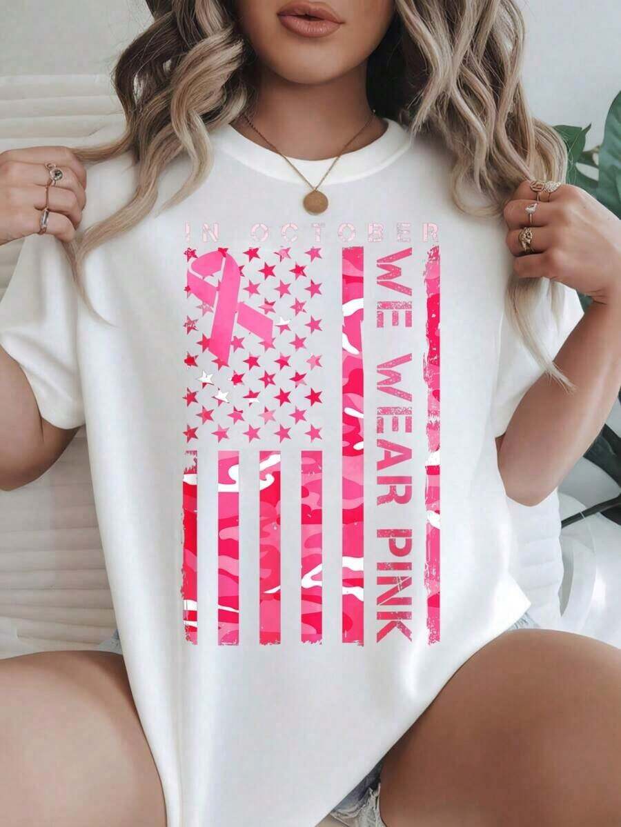 Camiseta Casual de Manga Corta para Mujer Estilo Vintage - Diseño de Bandera Americana Rosa con Estrellas y Rayas, Cuello Redondo, Top de Verano, Lavable a Máquina, Camisetas para Damas, Ropa Casual, Aspecto Moderno, Ajuste Cómodo  
 BlackFashion - Blanco - Ver 1