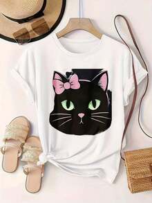 Camiseta Casual de Mujer con Estampado de Gato Negro Vintage con Lazo Rosa y Ojos Verdes, Adecuada para Todas las Temporadas  
 BlackFashion - Blanco - Ver 2