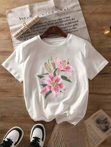 Summer T-Shirt With Lily Graphic Print, Short Sleeve, Round Neck, Casual Top For Women For Summer And Spring, Women's Clothing, Short Sleeve Cotton Casual T-Shirt For Summer Vacation - 白色 - 查看 3