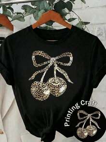 Limited Edition: Women's Black Casual T-Shirt With Leopard Print, Bow And Cherry Design, Short Sleeve, Round Neck, Polyester Top, Regular Fit For Everyday Style, Lightweight Cotton - 黑色 - 查看 4