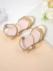 1 đôi sandal cao gót màu vàng kim cho trẻ em, giày công chúa thời trang cho bé gái, đế chống trơn trượt, thích hợp cho các hoạt động mùa hè, tiệc tùng, đám cưới, kỳ nghỉ. - Vàng - Xem 8