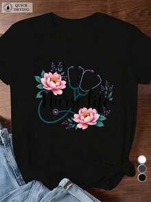 Oferta por tiempo limitado, compra limitada, flash oferta,blusas para dama casuales,poleras mujer,playeras de mujer>algodon,blusas>elegante,Camiseta deportiva de manga corta para mujer, estampado floral - Nurse Life - Negro - Ver 8