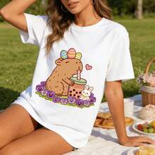 Tops para mujer de Algodón Negra con Estampado de Capibara Boba de Pascua para Mujer, Linda  Casual de Manga Corta con Cuello Redondo, Corte Regular, Elasticidad Media, Ropa Urbana - Blanco - Ver 7
