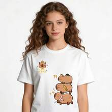 Tops para mujer Casual para Mujer con Estampado de Capibara, Negra, de Algodón, Manga Corta, Cuello Redondo - Blanco - Ver 2