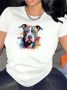 Camiseta GiftGift para mujer con estampado de Pit Bull Arcoíris, ideal para mujeres amantes de los animales, estilo veraniego informal y a la moda, estilo verano 2023, suave y cómoda. - Blanco - Ver 2