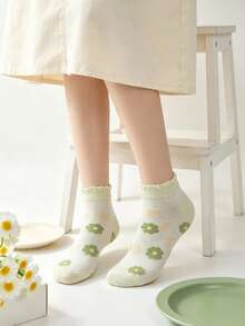 5 pares de calcetines de tela con patrón de diamantes y flores de estilo palaciego en tonos verdes aleatorios, suaves y cómodos, versátiles para uso casual, en el hogar, diario, trabajo, festivales y talla grande ocasiones - Multicolor - Ver 11