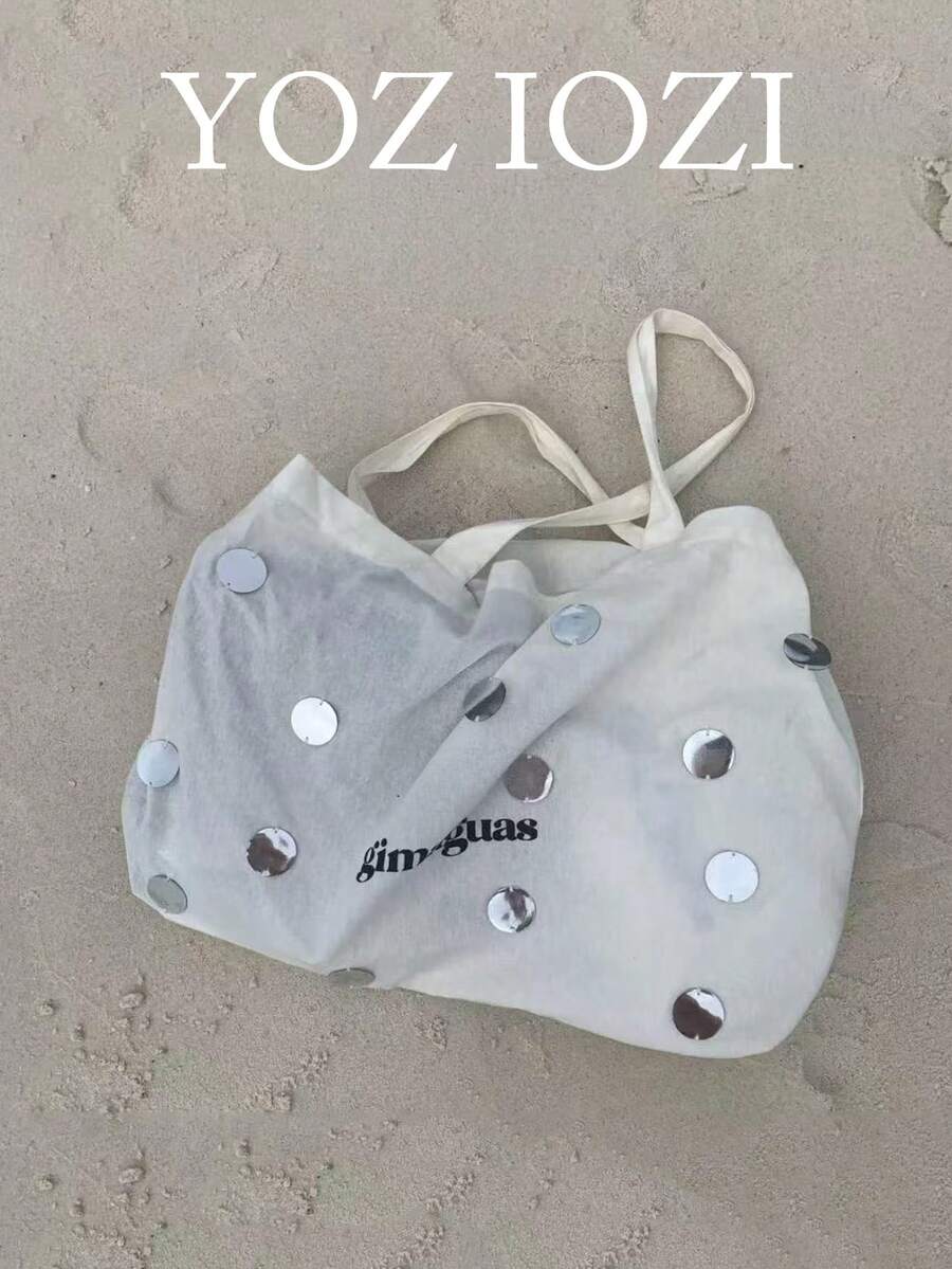 Korean Fashion Sequin Letter Canvas Tote Bag, Large Capacity Niche Design Casual Versatile Commute Daily Shopping Shoulder Handbag - White - View 1