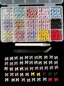 1 caja de decoraciones de arte de uñas de moños ABS de diseño estereoscópico 3D de colores aleatorios, con opciones de unicolor y coloridos, versátil para manualidades de uñas - Multicolor - Ver 2