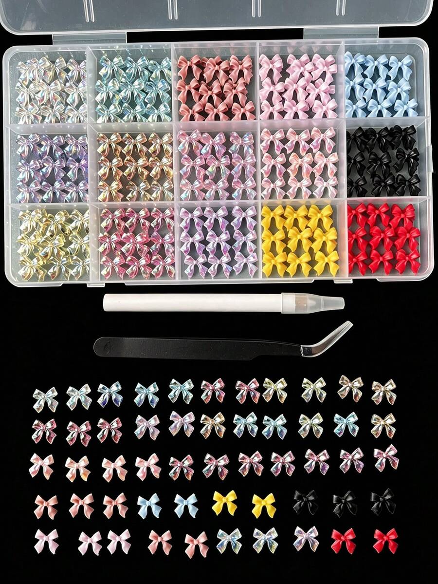 1 caja de decoraciones de arte de uñas de moños ABS de diseño estereoscópico 3D de colores aleatorios, con opciones de unicolor y coloridos, versátil para manualidades de uñas