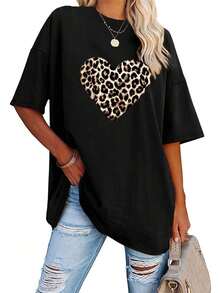 1 pieza [Camiseta Deportiva] Talla Grande, Estampado de San Valentín, Manga Corta, Cuello Redondo, Estilo Casual, para Verano y Primavera, Ropa de Talla Grande para Mujer |     Corte relajado |     Talla grande 100% algodónropa de calor mujer - Negro - Ver 7