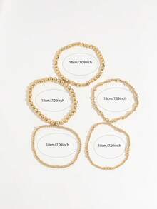 5pcs Minimalist Metal Round & Square Beads Elastic Bracelets Set, CCB Bead Stacking Bracelets For Women, - Gold - View 5