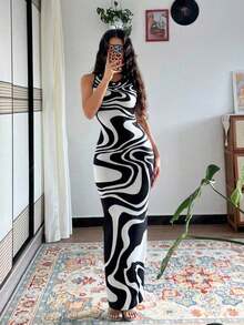 Vestido largo de mujer de vestido de escote con estampado de teñido anudado, vestido de verano largo, vestido largo verde maxi para outfit de mujer - Blanco y Negro 2 - Ver 1